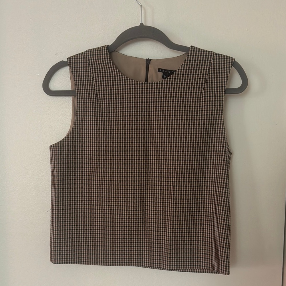 Theory Brown Checkered Sleeveless Blouse